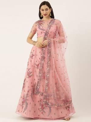Peach Embroidered Net Semi-Stitched Lehenga & Unstitched Blouse With Dupatta 1