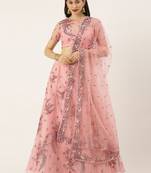 Peach Embroidered Net Semi-Stitched Lehenga & Unstitched Blouse With Dupatta
