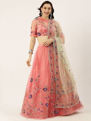 Peach Embroidered Net Semi-Stitched Lehenga & Unstitched Blouse With Dupatta 1