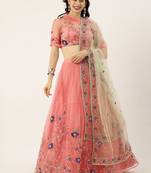 Peach Embroidered Net Semi-Stitched Lehenga & Unstitched Blouse With Dupatta
