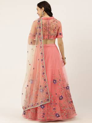 Peach Embroidered Net Semi-Stitched Lehenga & Unstitched Blouse With Dupatta 2