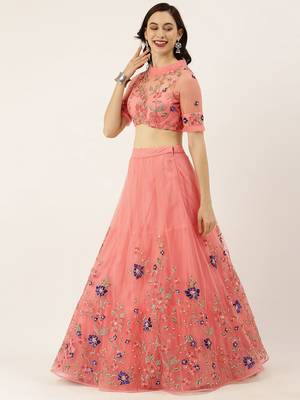 Peach Embroidered Net Semi-Stitched Lehenga & Unstitched Blouse With Dupatta 3