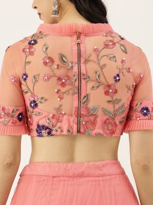 Peach Embroidered Net Semi-Stitched Lehenga & Unstitched Blouse With Dupatta 4
