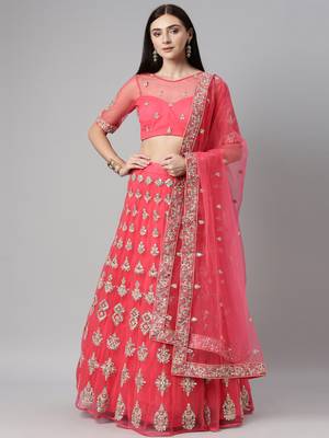 Pink Embroidered Net Semi-Stitched Lehenga & Unstitched Blouse With Dupatta 1