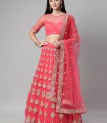 Pink Embroidered Net Semi-Stitched Lehenga & Unstitched Blouse With Dupatta