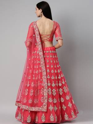 Pink Embroidered Net Semi-Stitched Lehenga & Unstitched Blouse With Dupatta 2