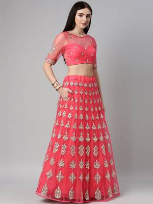Pink Embroidered Net Semi-Stitched Lehenga & Unstitched Blouse With Dupatta 3
