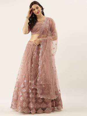 Rose Gold Embroidered Net Semi-Stitched Lehenga & Unstitched Blouse With Dupatta 1