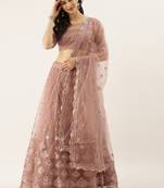 Rose Gold Embroidered Net Semi-Stitched Lehenga & Unstitched Blouse With Dupatta