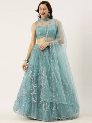 Sky Colour Net A-line Semi-Stitched Lehenga & Unstitched Blouse With Dupatta 1