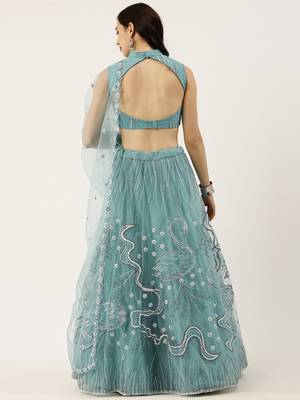 Sky Colour Net A-line Semi-Stitched Lehenga & Unstitched Blouse With Dupatta 2