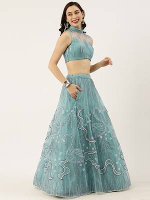 Sky Colour Net A-line Semi-Stitched Lehenga & Unstitched Blouse With Dupatta 3