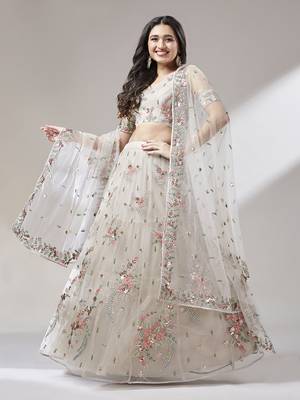 Taupe Embroidered Net Semi-Stitched Lehenga & Unstitched Blouse With Dupatta 1
