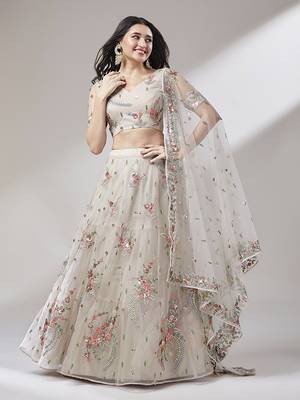 Taupe Embroidered Net Semi-Stitched Lehenga & Unstitched Blouse With Dupatta 2