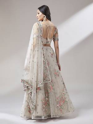 Taupe Embroidered Net Semi-Stitched Lehenga & Unstitched Blouse With Dupatta 3