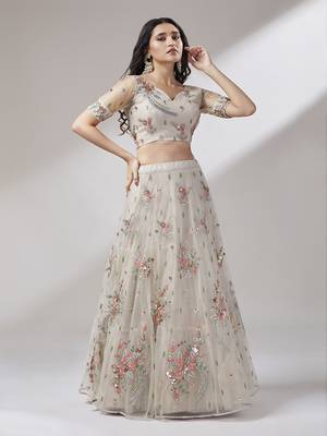 Taupe Embroidered Net Semi-Stitched Lehenga & Unstitched Blouse With Dupatta 4
