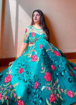 Teal  Embroidered Net Semi-Stitched Lehenga & Unstitched Blouse With Dupatta 1