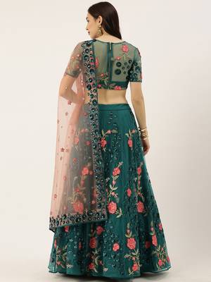 Teal  Embroidered Net Semi-Stitched Lehenga & Unstitched Blouse With Dupatta 2