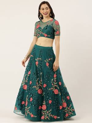 Teal  Embroidered Net Semi-Stitched Lehenga & Unstitched Blouse With Dupatta 3