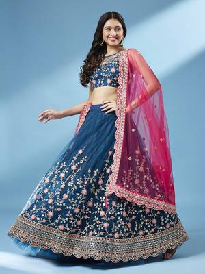Teal Colour Net With Miror Work Semi-Stitched Lehenga & Unstitched Blouse With Dupatta 1