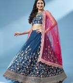 Teal Colour Net With Miror Work Semi-Stitched Lehenga & Unstitched Blouse With Dupatta