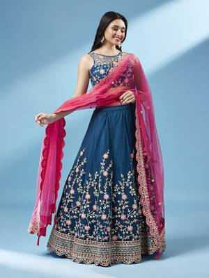 Teal Colour Net With Miror Work Semi-Stitched Lehenga & Unstitched Blouse With Dupatta 2