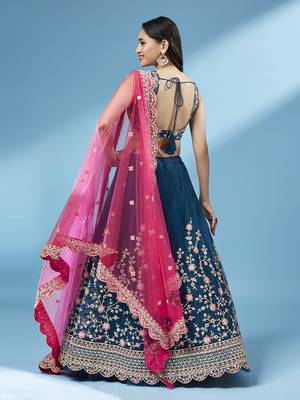 Teal Colour Net With Miror Work Semi-Stitched Lehenga & Unstitched Blouse With Dupatta 3