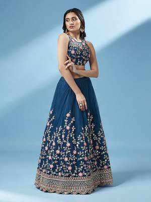 Teal Colour Net With Miror Work Semi-Stitched Lehenga & Unstitched Blouse With Dupatta 4