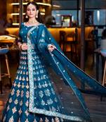 Teal Colour Net With Miror Work Semi-Stitched Lehenga & Unstitched Blouse With Dupatta