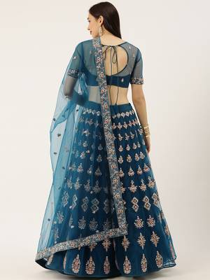 Teal Colour Net With Miror Work Semi-Stitched Lehenga & Unstitched Blouse With Dupatta 2