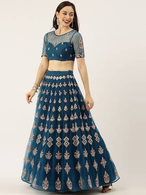 Teal Colour Net With Miror Work Semi-Stitched Lehenga & Unstitched Blouse With Dupatta 3