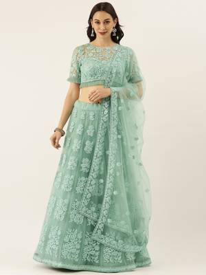 Turquoise Blue Colour Net A-line Semi-Stitched Lehenga & Unstitched Blouse With Dupatta 1