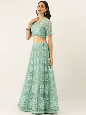 Turquoise Blue Colour Net A-line Semi-Stitched Lehenga & Unstitched Blouse With Dupatta 3