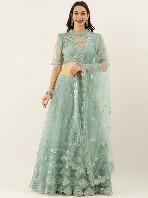 Turquoise Blue Embroidered Net Semi-Stitched Lehenga & Unstitched Blouse With Dupatta 1