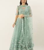 Turquoise Blue Embroidered Net Semi-Stitched Lehenga & Unstitched Blouse With Dupatta