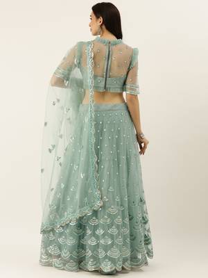 Turquoise Blue Embroidered Net Semi-Stitched Lehenga & Unstitched Blouse With Dupatta 2
