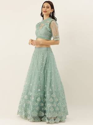 Turquoise Blue Embroidered Net Semi-Stitched Lehenga & Unstitched Blouse With Dupatta 3