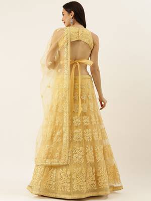 Yellow Colour Net A-line Semi-Stitched Lehenga & Unstitched Blouse With Dupatta 2