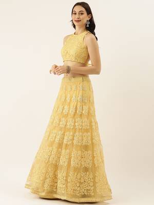 Yellow Colour Net A-line Semi-Stitched Lehenga & Unstitched Blouse With Dupatta 3