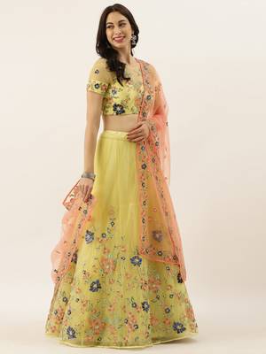 Yellow Colour Net With Sequins and Moti Work Semi-Stitched Lehenga & Unstitched Blouse With Dupatta 1
