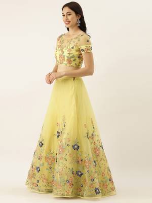 Yellow Colour Net With Sequins and Moti Work Semi-Stitched Lehenga & Unstitched Blouse With Dupatta 3