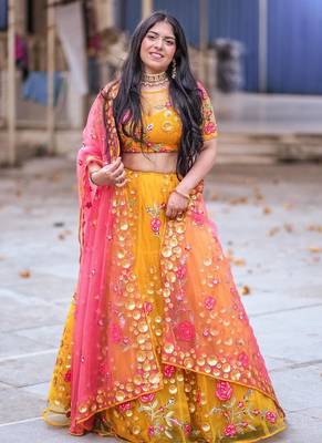 Yellow Colour Net With Sequins and Saroski Stone Work Semi-Stitched Lehenga & Unstitched Blouse With Dupatta 1