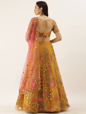 Yellow Colour Net With Sequins and Saroski Stone Work Semi-Stitched Lehenga & Unstitched Blouse With Dupatta 2