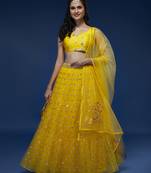 Yellow Net Semi-Stitched Lehenga & Unstitched Blouse With Dupatta