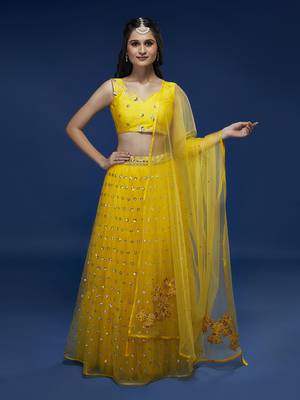 Yellow Net Semi-Stitched Lehenga & Unstitched Blouse With Dupatta 2