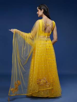 Yellow Net Semi-Stitched Lehenga & Unstitched Blouse With Dupatta 3