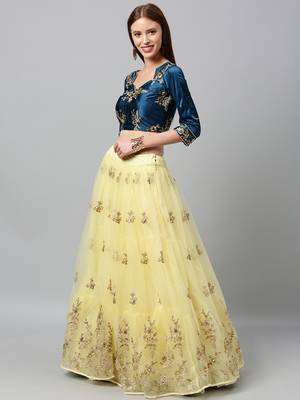 yellow embroidered net semi stitched lehenga 4