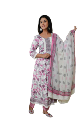 White Rayon Printed Kurti With Lace Work With Printed Pant With Cotton Printed Duptta 1