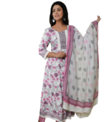 White Rayon Printed Kurti With Lace Work With Printed Pant With Cotton Printed Duptta