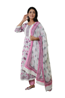 White Rayon Printed Kurti With Lace Work With Printed Pant With Cotton Printed Duptta 2